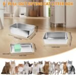 23.5" x 15.7" x 8" Stainless Steel Sifting Litter Box for Pine Pellets, XXL Large Pull-Out Cat Litter Box for Big Cats with High Sides, Metal Cat Litter Pan with Plastic Scoop &10 Urine Pads - Image 3