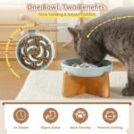 Elevated Slow Feeder Cat Bowl - Ceramic Cat Food Dish with Anti-Slip Bamboo Stand - Whisker Friendly Feeding Bowl - Raised Maze Plate for Slow Down Eating - Mint Green - Image 4