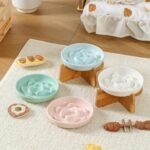 Elevated Slow Feeder Cat Bowl - Ceramic Cat Food Dish with Anti-Slip Bamboo Stand - Whisker Friendly Feeding Bowl - Raised Maze Plate for Slow Down Eating - Mint Green - Image 6