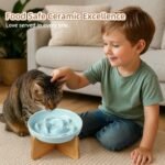 Elevated Slow Feeder Cat Bowl - Ceramic Cat Food Dish with Anti-Slip Bamboo Stand - Whisker Friendly Feeding Bowl - Raised Maze Plate for Slow Down Eating - Mint Green - Image 8