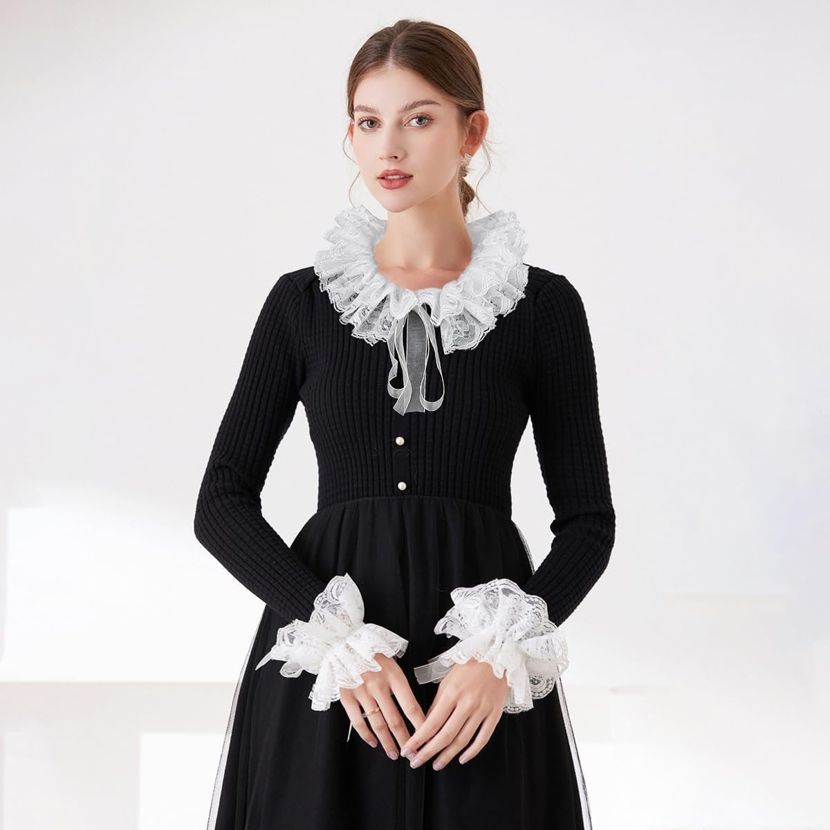 Vintage Victorian Ruffled Collar & Cuff Set, Lace Gloves, Detachable Clown Neck Accessory for Halloween or Costume Party - Image 5