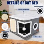 Cat House for Indoor Cats, Foldable Cat Bed with Scratch Pad and Fluffy Ball, Large Cat Cave 2 in1 Cat Hideaway with Reversible Cushion for Multi Small Pet, Grey - Image 5
