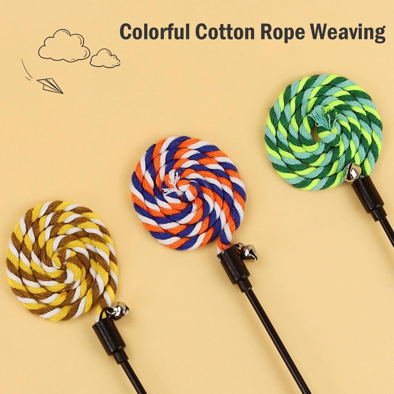 KABASI 3PCS Cat String Wand Toys, Colorful Interactive Cats Teaser Wand with Bell, Plush Srtip Teaser Toy Cat Rope Stick for Indoor Kitten Having Fun Exerciser Playing - Image 3