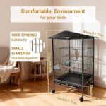 Bird Cage with Wheels, 33inch Bird Flight Cage, Wrought Iron Standing Large Parrot Parakeet Flight Birds Cages with Slide Out Tray Parrot Metal Parakeet Cages with Wooden Perches Black - Image 3