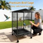 Bird Cage with Wheels, 33inch Bird Flight Cage, Wrought Iron Standing Large Parrot Parakeet Flight Birds Cages with Slide Out Tray Parrot Metal Parakeet Cages with Wooden Perches Black - Image 4
