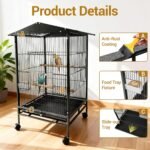 Bird Cage with Wheels, 33inch Bird Flight Cage, Wrought Iron Standing Large Parrot Parakeet Flight Birds Cages with Slide Out Tray Parrot Metal Parakeet Cages with Wooden Perches Black - Image 5