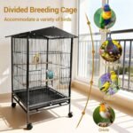Bird Cage with Wheels, 33inch Bird Flight Cage, Wrought Iron Standing Large Parrot Parakeet Flight Birds Cages with Slide Out Tray Parrot Metal Parakeet Cages with Wooden Perches Black - Image 8