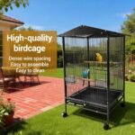 Bird Cage with Wheels, 33inch Bird Flight Cage, Wrought Iron Standing Large Parrot Parakeet Flight Birds Cages with Slide Out Tray Parrot Metal Parakeet Cages with Wooden Perches Black - Image 10