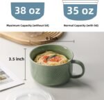 Oversized Soup Bowl with Handle: 38 oz Ceramic Soup Mug with Lid - Microwave Safe Jumbo Food Storage Container for Ramen Cereal Breakfast Meal Prep Office Lunch Dorm Living - Pea Green 6 In - Image 3
