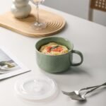 Oversized Soup Bowl with Handle: 38 oz Ceramic Soup Mug with Lid - Microwave Safe Jumbo Food Storage Container for Ramen Cereal Breakfast Meal Prep Office Lunch Dorm Living - Pea Green 6 In - Image 5