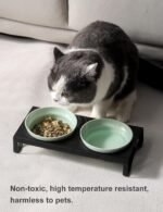 Ceramic Green Cat Bowl Set - 5 inch Wide Cat Food & Water Bowls, Elevated Feeding Porcelain with Metal Stand for Indoor Cats and Small Dog,2 Bowls+1 Stand Set for Wet and Dry Food - Image 8