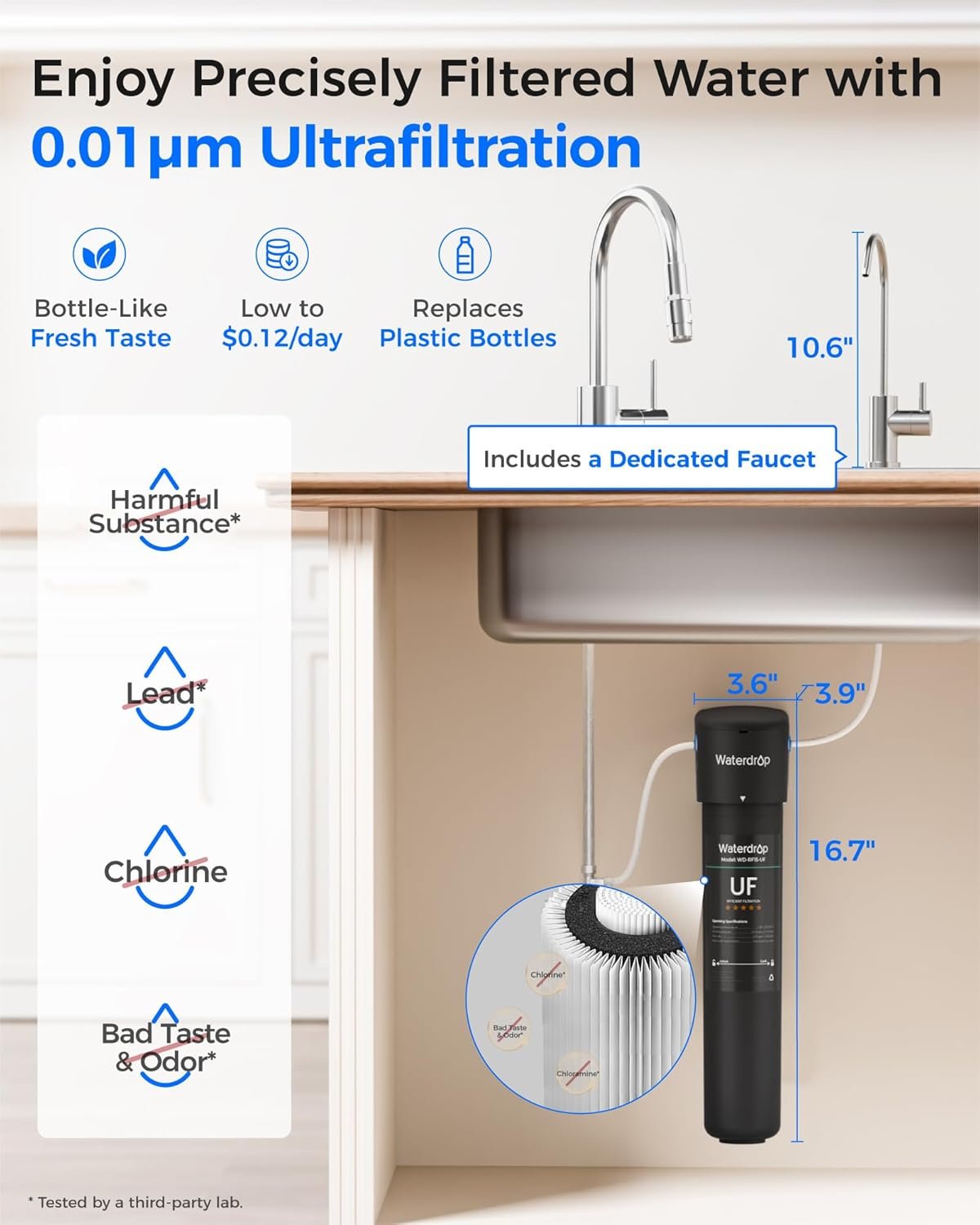 Waterdrop 15UB-UF 0.01 μm Ultra Filtration Under Sink Water Filter System, Reduces Lead, Chlorine, Bad Taste & Odor, 2 Years, with Dedicated Brushed Nickel Faucet, USA Tech - Image 3