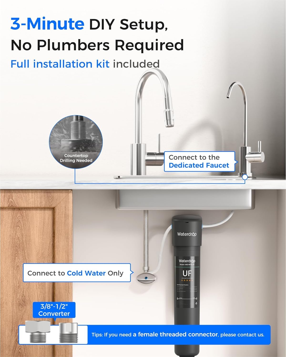 Waterdrop 15UB-UF 0.01 μm Ultra Filtration Under Sink Water Filter System, Reduces Lead, Chlorine, Bad Taste & Odor, 2 Years, with Dedicated Brushed Nickel Faucet, USA Tech - Image 8