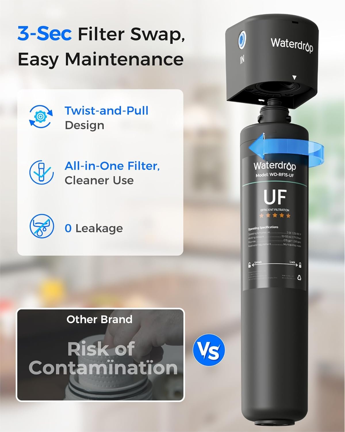 Waterdrop 15UB-UF 0.01 μm Ultra Filtration Under Sink Water Filter System, Reduces Lead, Chlorine, Bad Taste & Odor, 2 Years, with Dedicated Brushed Nickel Faucet, USA Tech - Image 9