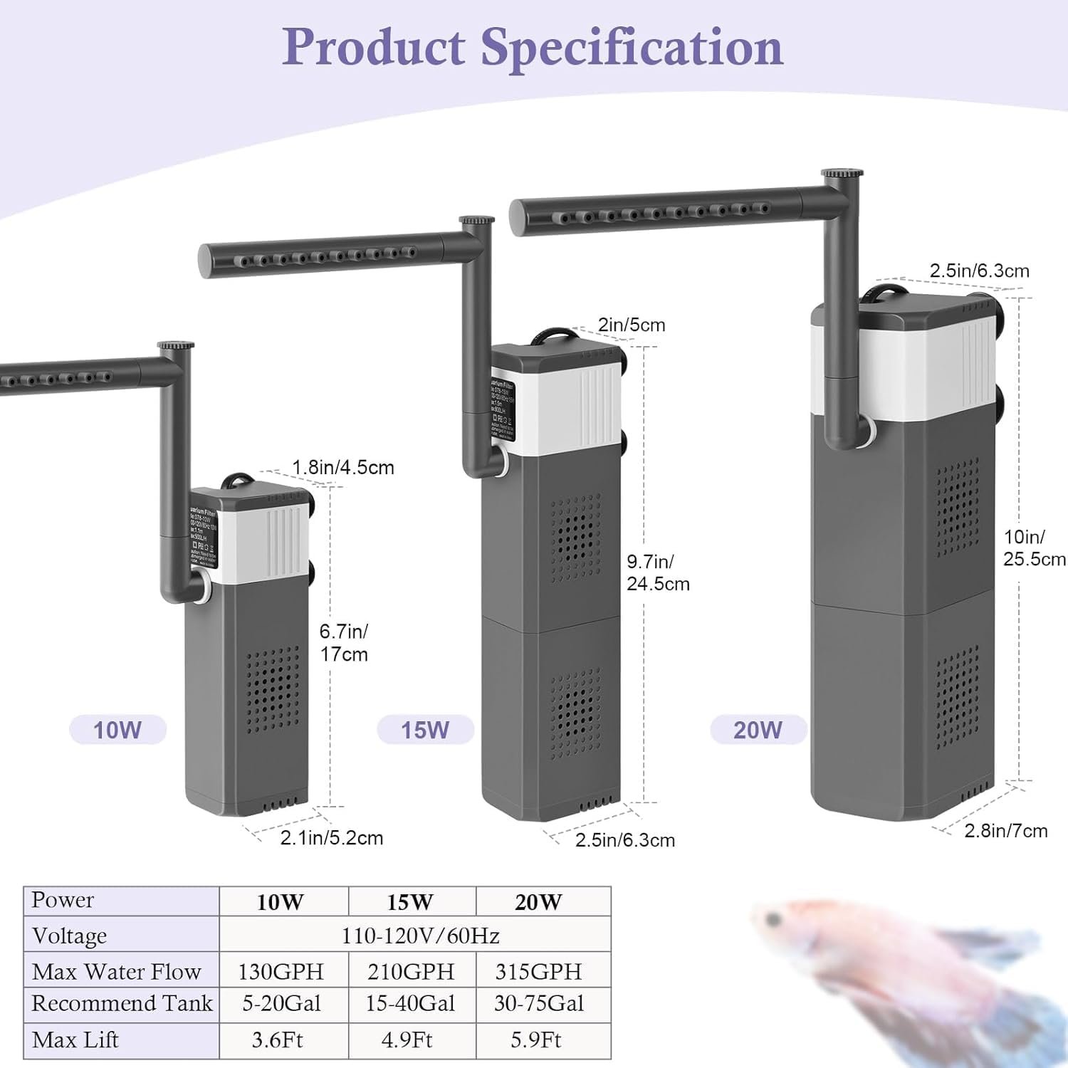 10W Powerful Aquarium Filter, Adjustable Filter for 5-20Gal Fish Tank with Biochemical Sponges, Submersible Fish/Turtle Water Filters, Filtration/Oxygenation/Water Cycle 3in1 Filter - Image 3