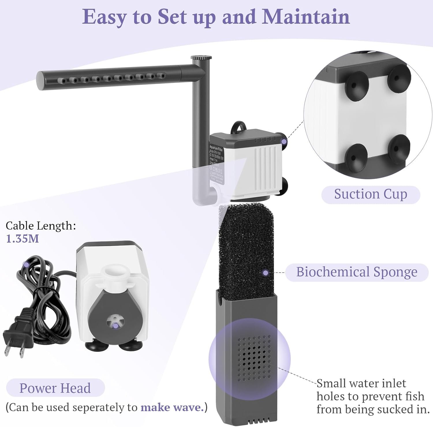 10W Powerful Aquarium Filter, Adjustable Filter for 5-20Gal Fish Tank with Biochemical Sponges, Submersible Fish/Turtle Water Filters, Filtration/Oxygenation/Water Cycle 3in1 Filter - Image 8