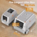 XXXL Stainless Steel Cat Litter Box with Lid，Extra Large Enclosed High Sided Metal Litter Box with Removable Lid, 180°-Top Flip Cover Litter Pan with Scoop, Non-Sticky, Anti-Leakage, Light Grey - Image 4