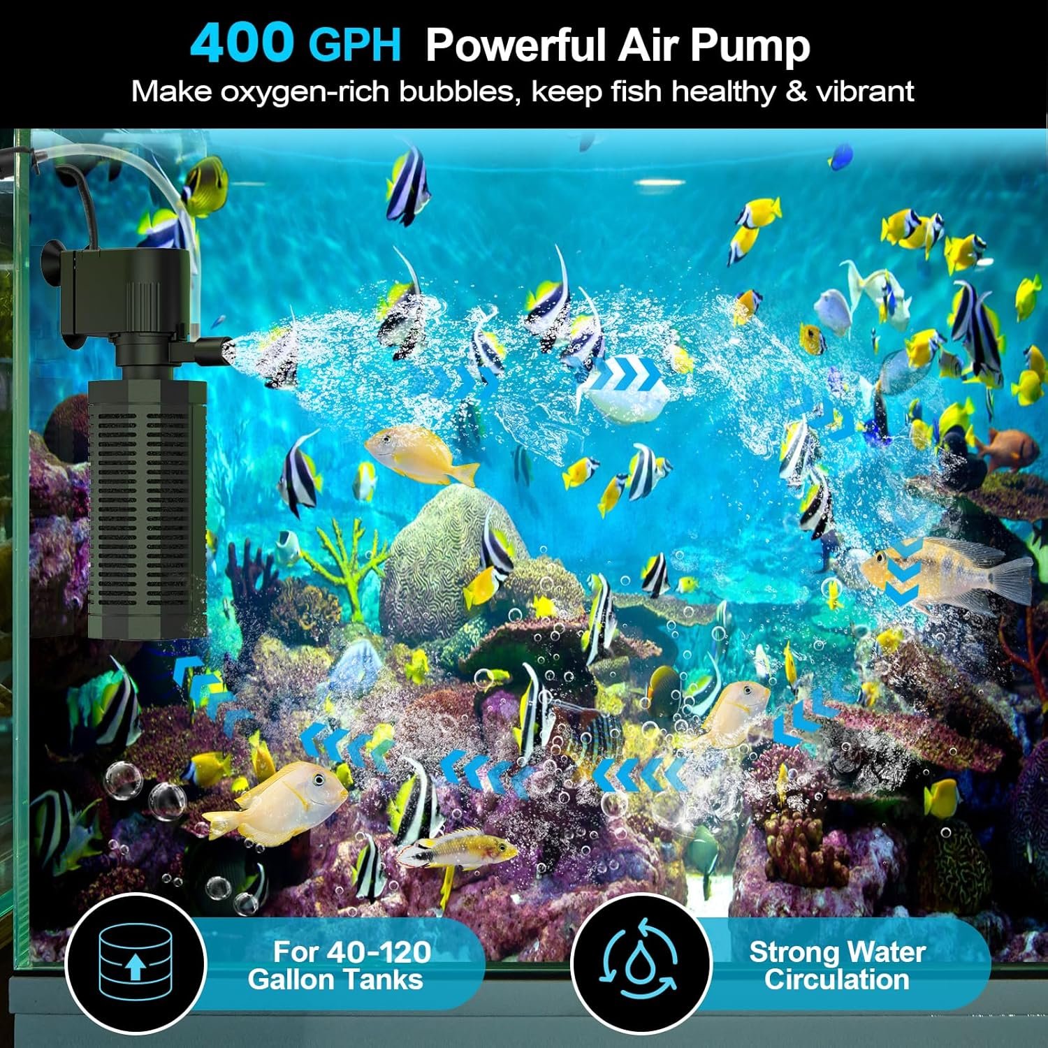 Aquarium Internal Filter for 30~100 Gallons - Ultra-Quiet Fish Tank Filters 400GPH Submersible Power Pump Filter with Biochemical Filtration Air Supply Water Clean - Image 4
