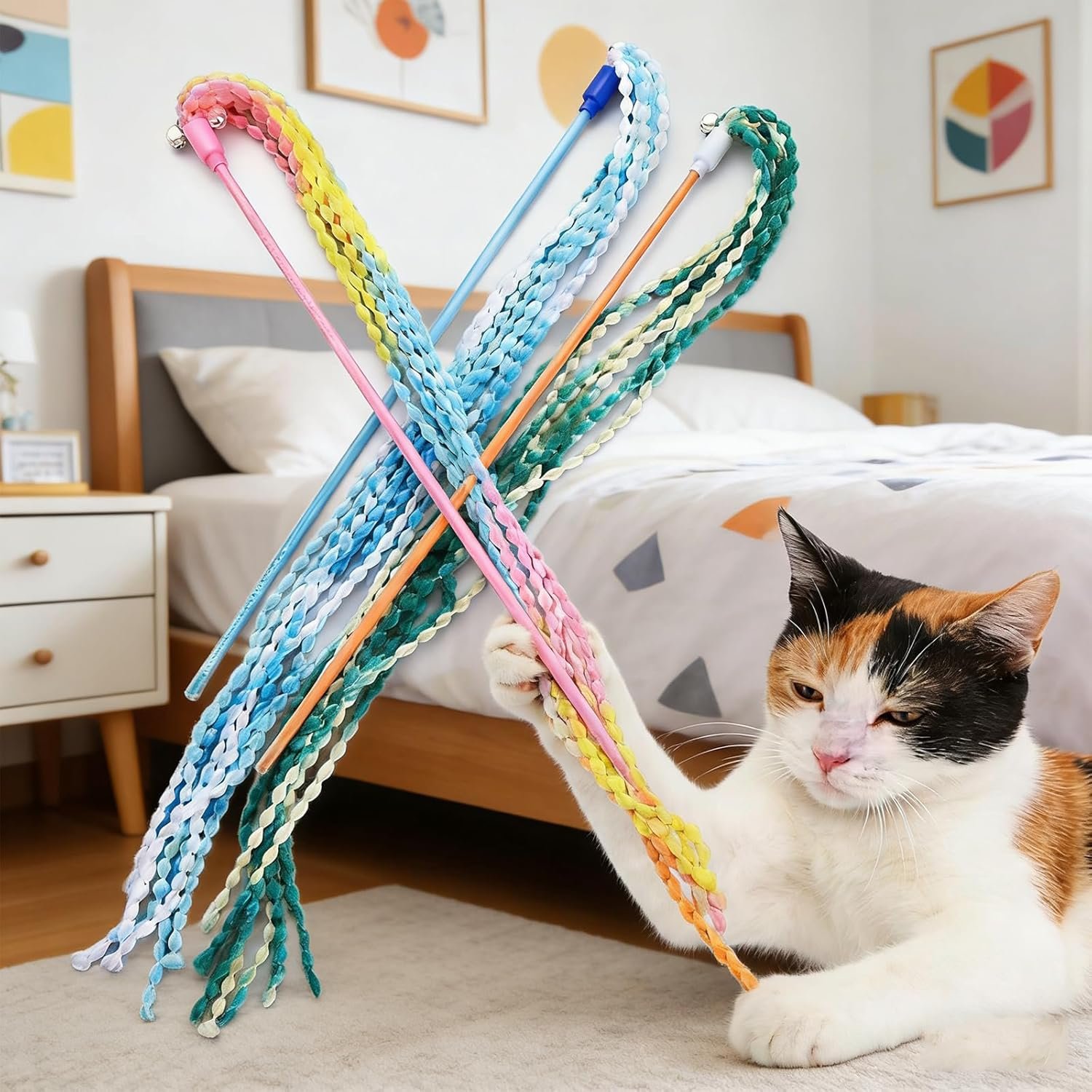 KABASI Cat Wand Toys, 4PCS Interactive Plush Srtip Cats String Teasing Stick with Bells for Kitten, Colorful Sturdy Pole Cat Toys for Having Fun Indoor Playing - Image 8