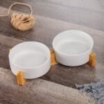 White Ceramic Cat Dog Bowl Dish with Wood Stand No Spill Pet Food Water Feeder Cats Small Dogs Set of 2 - Image 4