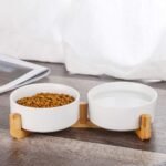 White Ceramic Cat Dog Bowl Dish with Wood Stand No Spill Pet Food Water Feeder Cats Small Dogs Set of 2 - Image 5