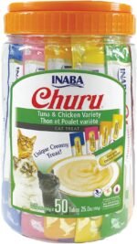 INABA Churu Cat Treats, Grain-Free, Lickable & Churu Lickable Purée Natural Cat Treats for Skin and Coat with Omega Oils, Taurine and Vitamin E, 0.5 Ounces Each Tube, 50 Tubes, Skin & Coat Variety - Image 3