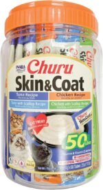 INABA Churu Cat Treats, Grain-Free, Lickable & Churu Lickable Purée Natural Cat Treats for Skin and Coat with Omega Oils, Taurine and Vitamin E, 0.5 Ounces Each Tube, 50 Tubes, Skin & Coat Variety - Image 6