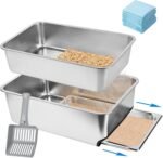 23.5" x 15.7" x 8" Stainless Steel Sifting Litter Box for Pine Pellets, XXL Large Pull-Out Cat Litter Box for Big Cats with High Sides, Metal Cat Litter Pan with Plastic Scoop &10 Urine Pads - Image 2