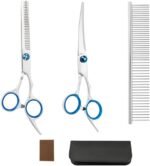5 Pieces Dog Grooming Scissors Kit Stainless Steel Pet Cat Grooming Kit for Dogs Cats Pets Professional 5 in 1 Hair Scissors Set with Curved Scissor, Thinning Shear, Comb (Blue) - Image 2
