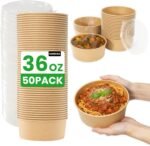 50 Count 36 oz Large Disposable Paper Bowls with Lids, Salad Containers for Lunch, Paper Meal Prep Containers for Hot & Cold Food, Soup, Ramen, Salad - Image 2