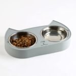 7 Ruby Road Cute Cat Bowls for Indoor Cats and Kitty, Double Cat Food Water Bowl Set with 2 Stainless Steel Pet Dishes and Grey Silicone Feeding Station, 350ml Kitten Bowls for Wet & Dry Food - Image 2