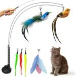 9 Pcs Interactive Cat Feather Toys, Cat Toys Wand, with Super Suction Cup, 2 PCS Cat Wand Toy and 6 PCS Feather Replacements with Bell, Kitten Toys for Indoor Play Chase Exercise (Natural) - Image 2