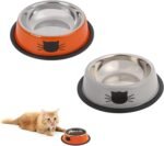 Andiker Cat Bowl for Food and Water, 2PCS Durable Stainless Steel Cat Bowl with Anti-Overturn Removable Rubber Ring Not Fragile&Easily Clean Cat Wet Food Bowl in Cute Pattern (Orange+Grey) - Image 2