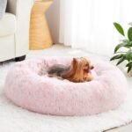 BFPETHOME Calming Dog Bed Cat Bed Donut, Faux Fur Pet Bed Self-Warming Donut Cuddler, Comfortable Round Plush Dog Beds (61 x 61 x 20 cm, Light Pink) - Image 2
