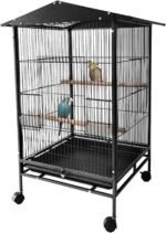 Bird Cage with Wheels, 33inch Bird Flight Cage, Wrought Iron Standing Large Parrot Parakeet Flight Birds Cages with Slide Out Tray Parrot Metal Parakeet Cages with Wooden Perches Black - Image 2