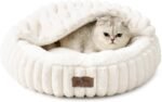 Cat Bed with Hooded Blanket, Round Fluffy Anti-Anxiety Pet Bed for Cats/Toy Breed Dogs, Cozy Donut Cuddler with Machine Washable Faux Fur & Anti-Slip Bottom(20"×20"×6",Cream) - Image 2