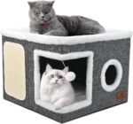 Cat House for Indoor Cats, Foldable Cat Bed with Scratch Pad and Fluffy Ball, Large Cat Cave 2 in1 Cat Hideaway with Reversible Cushion for Multi Small Pet, Grey - Image 2