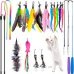 Cat Toy Wand, Qoosea 18PCS Interactive Cat Feather Toys Include 2PCS Retractable Cat Wand, 2PCS Rainbow Cat Teaser Wand, 12PCS Replacement Refills with Bells and 2 Replacement Spare Line with Clasp - Image 2