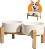 Elevated Ceramic Dog Bowl Set - Raised Dog Bowls with Non-Slip Bamboo Stand - Dog Food and Water Bowl Set - Double Dog Feeding Bowls - Suitable for Small and Medium Dogs - 28.74 OZ - 3.6 CUPS - 850 ML - Image 2