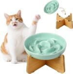 Elevated Slow Feeder Cat Bowl - Ceramic Cat Food Dish with Anti-Slip Bamboo Stand - Whisker Friendly Feeding Bowl - Raised Maze Plate for Slow Down Eating - Mint Green - Image 2