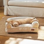 FUKUMARU Dog Couch Bed, Corduroy Cozy Cat Bed for Indoor Cats with Washable Cover, 28in Waterproof Orthopedic Dog Beds Sofa for Small Dogs and Large Cats, Cute Warm Cotton Pet Sofa, Cream - Image 2