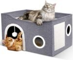 Heeyoo Cat House for Indoor Cats - Large Cat Bed Cave with Fluffy Ball and Scratch Pad, Foldable Cat Houses & Condos, Cat Cubes, Cat Hideaway, Covered Cat Bed for Multi Small Pet Large Kitty - Image 2