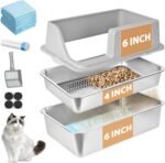 Homegroove Stainless Steel Sifting Litter Box for Pine Pellets, 23.6''x15.7''x12''(60x40x15cm) High Sides Metal Cat Litter Box with Lid for Indoor Cats with Plastic Scoop &10 Urine Pads (6 Inch) - Image 2
