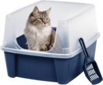 IRIS USA Large High Sided Cat Litter Box with Scoop, Open Top Litter Pan for Big Cats, Anti-Scatter No Tracking Design, Easy Clean, Navy - Image 2