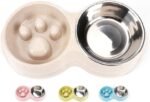 JACKO & CO - Double Slow Feeder - Food and Water Bowls for Pets - for Small and Medium Dogs, Puppies, Cats - Removable Stainless Steel Bowl - Non Slip - Anti Choke - Easy to Use (Beige) - Image 2