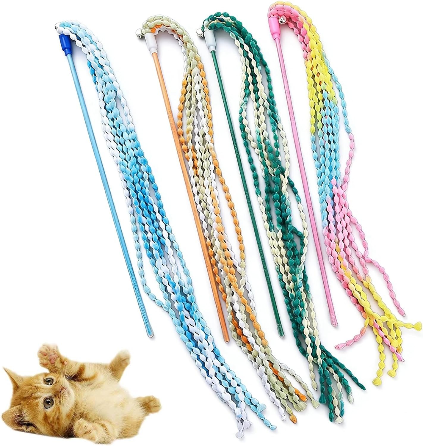 KABASI Cat Wand Toys, 4PCS Interactive Plush Srtip Cats String Teasing Stick with Bells for Kitten, Colorful Sturdy Pole Cat Toys for Having Fun Indoor Playing - Image 2