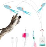 Migipaws Interactive Automatic Cat Teaser Wand Toy with Strong Suction Cup, 70cm Flexible Wire & DIY Bending Design, Rechargeable Cat Exercise Toy with Auto Timer for Indoor Cats (White) - Image 2