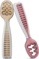 NumNum Baby Spoons Set, Baby Essentials Pre-Spoon GOOtensils for 6+ Months, First Stage Self-Feeding Spoons for Baby Led Weaning (BLW), Silicone Toddler Utensils, BPA-Free, 2 Pack Beige/Mauve - Image 2