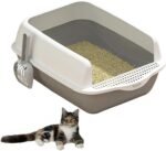 Open Box U Shape Lowered Entry Cat Litter Box with Scoop High Sided Semi Closed Kitty Litter Pan Kitten Toilet Pet Supplies Anti-Leakage Easy Clean Durable Bedpan for Indoor Pet (White Grey) - Image 2