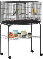 PawHut 46" H Bird Cage, Parakeet Cages for Budgie, Lovebird, Canary, Finches with Divider, Wheeled Stand, Shelf, 4 Wooden Perches, Slide Out Tray, 4 Feeders, Black - Image 2